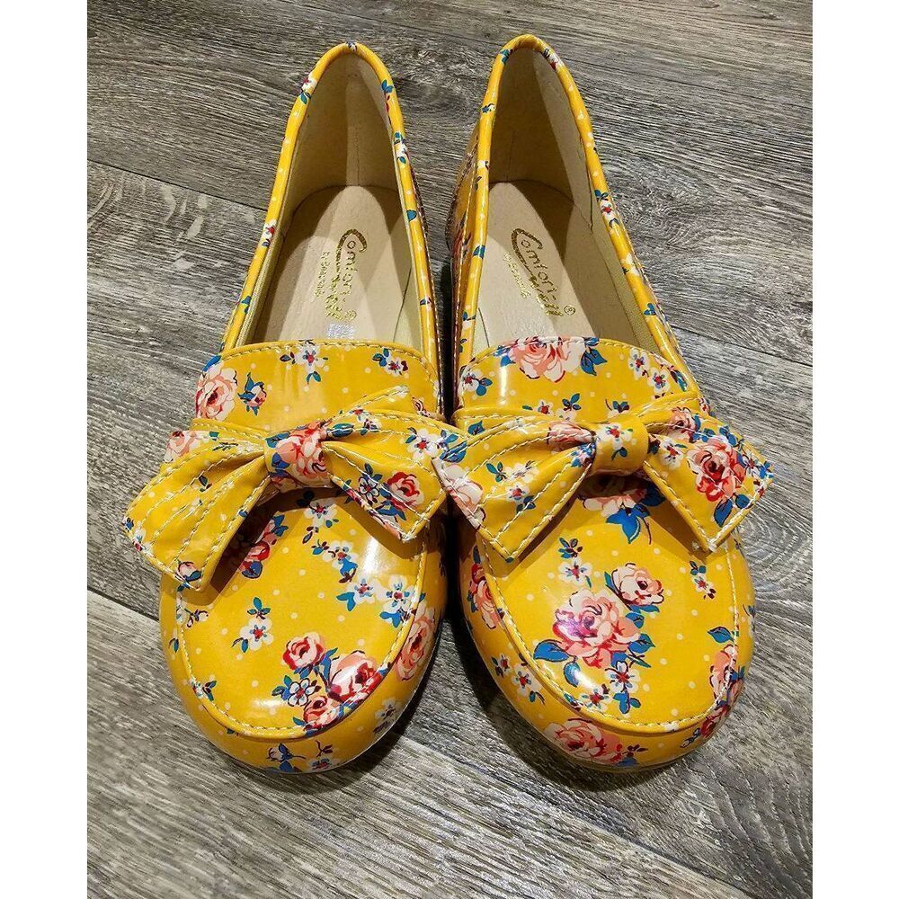 Comfort Well Beacon Splash Golden Yellow Floral Print Slip On Loafer Size 6 1/2